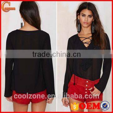 Latest Chiffon Blouse Ruffled Lady Blouse Wholesale Lace up Blouses 2015