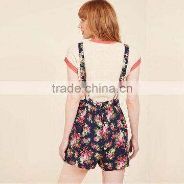 Navy Floral Wide Adjustable Straps Lady's Short Overall With Pockets photo-2