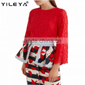 Latest spring design fashion red lace blouses for ladies elegent long sleeve women tops