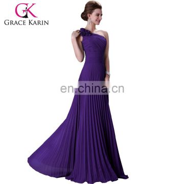 Grace Karin One Shoulder Flower Bridesmaid Dress Pleated Purple Long Chiffon Evening Dress CL3467-4