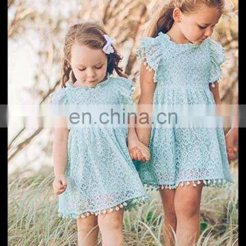 Fashion Girl Kids Party Hollow Lace Dress  Pom Pom Baby Dress