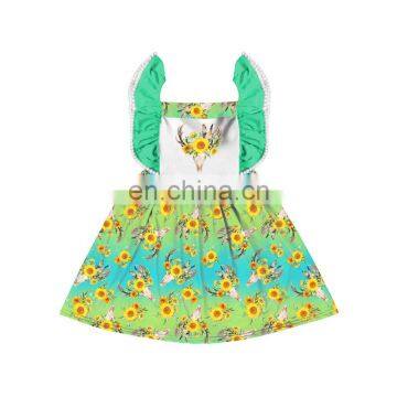 fancy flutter sleeve sunflower printed ruffle baby girl dress