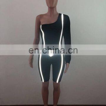 New Women Summer One Shoulder Skew Neck Stripes Reflective Splicing Knee Length Jumpsuit Bodycon Skinny Romper Playsuit photo-6