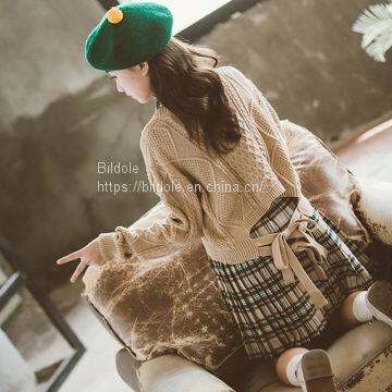 Long Sleeve Knitted Sweater Plaid Vest Skirt photo-3