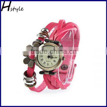 Women's Flower Sense Retro Wrap Around Weave Leather watch ladies fancy wrist watches Pink WP007