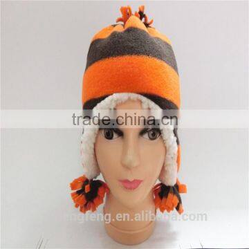 Winter cold proof stripe fleece hats with earlaps women