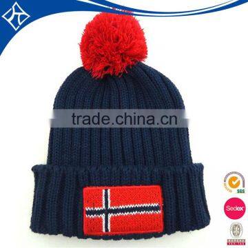 wholesale winter fold up knitted beanie hats with big pompom
