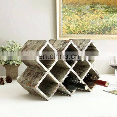 Rustic Torched Wood Wine Rack, Geometric Design 8-Bottle Storage Organizer photo-4