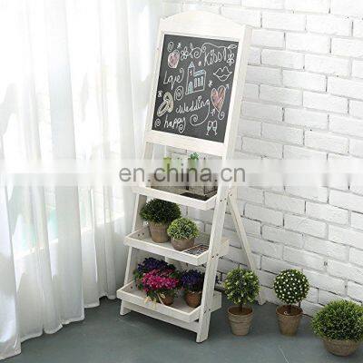 Vintage White Freestanding Wood Chalkboard Easel stand with 3 Display Shelves