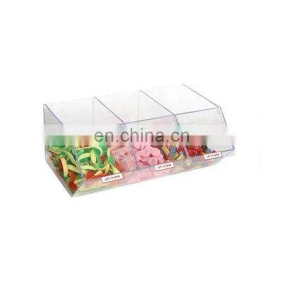 No hinge and scoop plastic 3 dividers candy corn cake bin acrylic candy box dividers