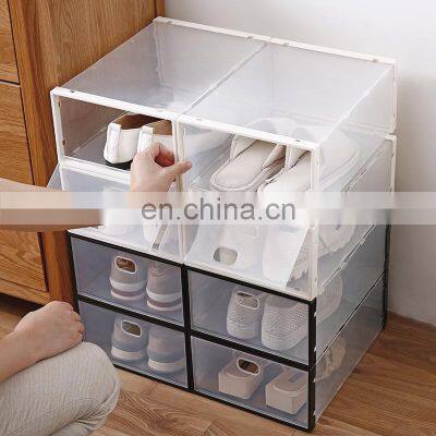 OEM Zhejiang manufacturer stackable sneaker slide out clear transparent pp plastic foldable storage drop front shoe box for home