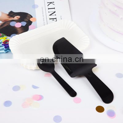 Disposable Birthday 10 Plates 10 Forks Cake Knife Set Black Knife and Fork Paper Plate Tableware Set Cake Party Supplies