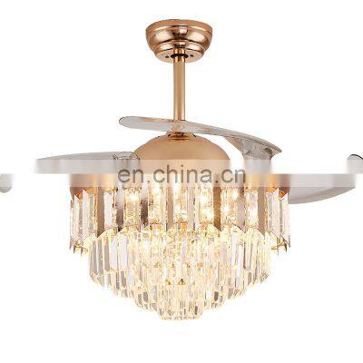 Modern Designer Decorative Retractable Chandelier Vintage Bedroom Copper Crystal Ceiling Light Remote Control Led Ceiling Fans