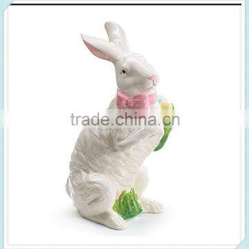 White Easter Bunny Rabbit Figurine with Pink Bow Adorable Easter Decor