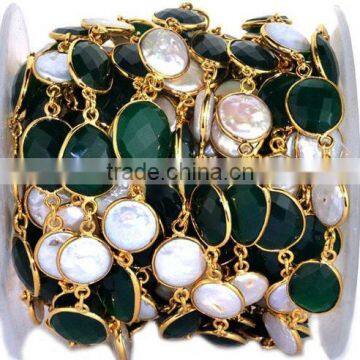 AAA Beautiful Natural Green Onyx With Pearl Bezel Link Continuous Connector Chain 10-15mm In 24k Gold Plated Wire by Foot