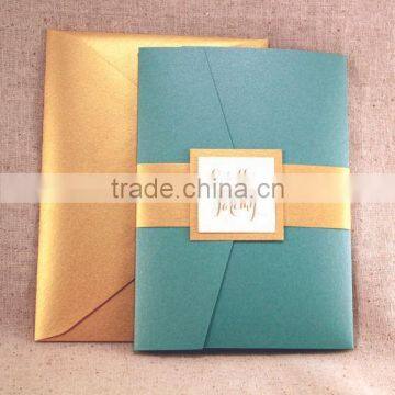 lovely teal peacock blue pocket-folding wedding invitation card with gold on ivory                        
                                                Quality Choice