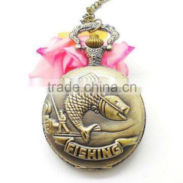 Big size fish engraved pocket watch/ sweater pendant watch