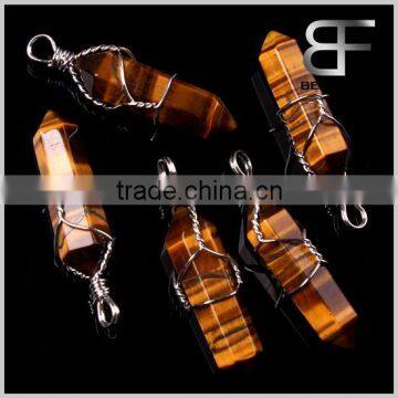 Mens Womens Natural Gemstone Tiger's Eye Hexagonal Prism Pile Necklace Pendant