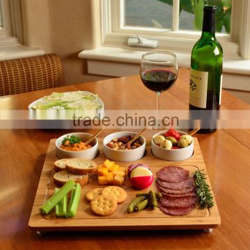 New Picnic Square Bamboo Entertaining Serving Tray with 3 Ceramic Bowl's holder bamboo cutting board with Juice groove