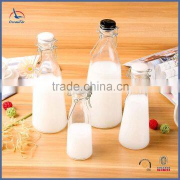 Classic High Quality Clear Glass Milk Bottle With Clip With Lid Glass Bottle