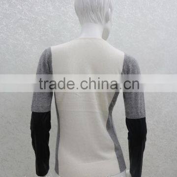 Women's Knitted Stripe Pullover With Leather Sleeve photo-2