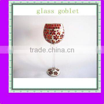 Red Flower Pattern Stained Handmade Tall Goblet Glass Mosaic Candle Holder