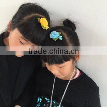 China Factory Price Assorted Modern Design Pink Rose Flower Fabric Hair Pin Wool Felt Clip Hair With Green Leaf for Children photo-4