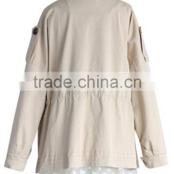 Beige Color Concealed Zip Button Closured Front Women Short Plus Size Coat With Lace photo-6