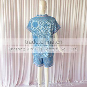 Bule/Rich Floral Pattern Sweat Steaming Clothes V-Neck Jacquard Family Pajama Set Short Sleeve Women/Men Pajamas photo-4