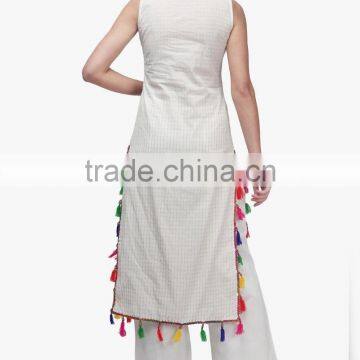 Latest Elegant Off White Printed Sleeveless Pathani Kurta With Pom Pom Trim Designer Long Kurti Designs HSd5016 photo-3