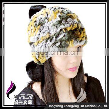 CX-C-111B Wholesale Custom Knitted Winter Rex Rabbit Fur Pom Pom Hat photo-3