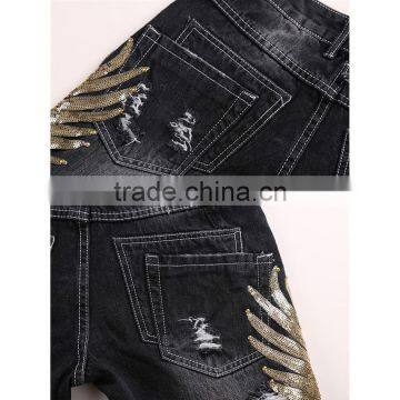 New Stytlish Men Sequin Gold Wings Slim Straight Trousers Ripped Frayed Jeans photo-4