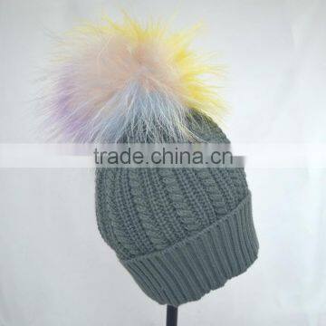 Myfur Grey Color Winter Striped Knitting Cap With Customized Big Fur Pom Pom photo-4