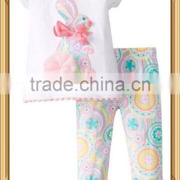 Boutique Girl Clothing Spring and Summer Easter Bunny Outfits for Toddler Girls Bunny Top and Floral Triple Ruffle Pants Sets photo-2