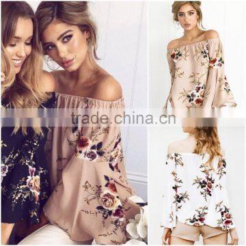 Fashion Blouse Design Floral Tie-Sleeve Off-Shoulder Top&blouse for Sale 2017