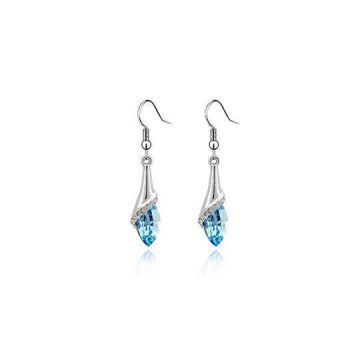 Women Handcrafted Blue Gold Plated Teardrop Drop Earrings Created With Austrian Crystals