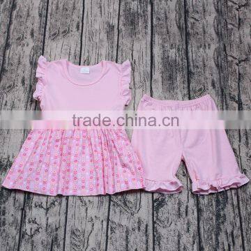 Summer wholesale pink flower girls 2pcs boutique outfits flutter sleeves icing shorts clothing set kids clothes store online