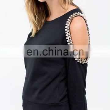 China Fashion Crewneck Sweatshirt Custom Cold Shoulder Long Sleeve Crewneck Sweatshirt With Chain photo-4