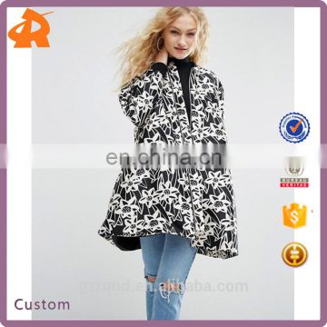 China Supplier Wholesale OEM ODM New Fashion Lady Winter Coat, Black and White Print Floral Satin A- Line Coat With Rib Detail