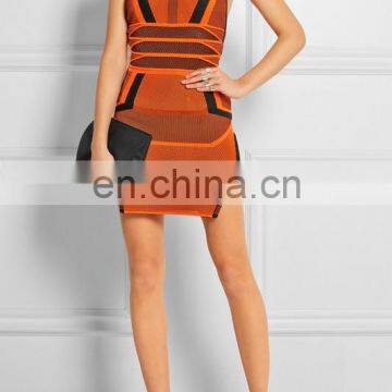 2017 hot sale orange sleeveless halter backless jacquard weave bandage night club dress