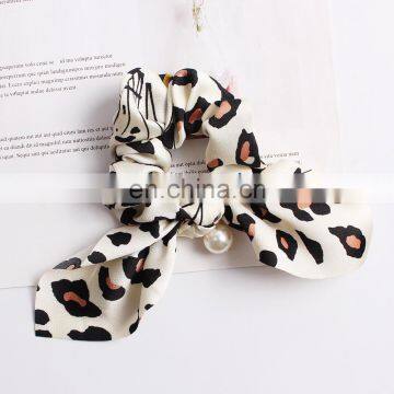 Cute Pearl Scrunchies Leopard Rubber Hair Ties Bunny Ears Scrunchie Women Elastic Hair Bands Girls Animal Print Ponytail Holder