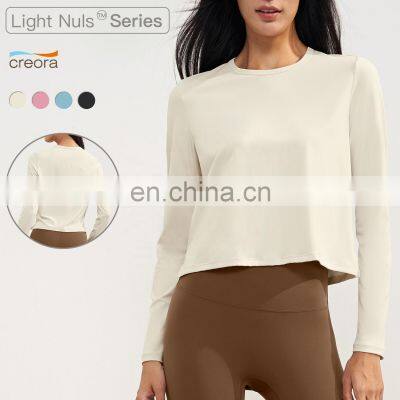 Long Sleeve Loose Sweat-Wicking Crop Tops Custom Logo Women Four-Way Stretch Sport T Shirts 80nylon 20spandex photo-2