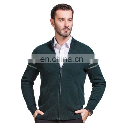 Men's Pure Cashmere Full Zip Knitted Cardigan Winter OEM Service Solid Pattern Anti-Pilling Feature