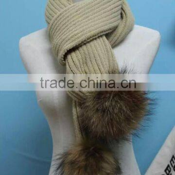 2016 Winter Newest Fashion 100% Real Raccon Fur Pompom Wool Knitted Women Crochet Scarf photo-2
