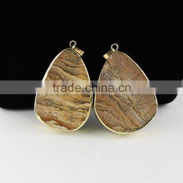 JF6729-3 Wholesale Gold Plated Picture Jasper Slab Slice Pendants