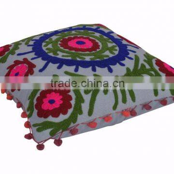 Indian Suzani Cushion Cover 16x16 Pom Pom Pillowcases Boho Throw Pillows photo-2