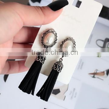 Antique plastic pearls leather tassels earring wholesale fashion jewelry