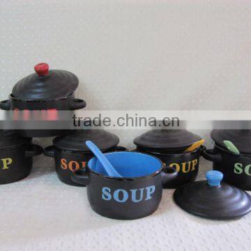 Black soup bowl with lid and spoon