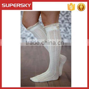 C03-7 Custom Open knee high Knitted Lace Boot Socks with Crochet Lace Trim and Buttons Ruffled Boot Socks