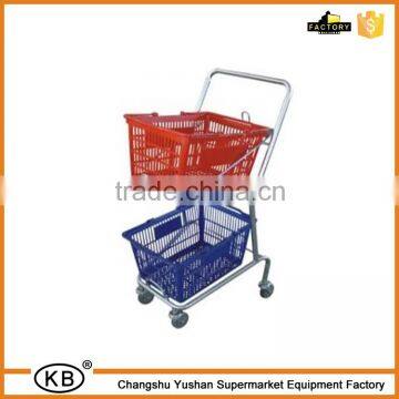 2 tier basket shopping trolley with supermarket baskets